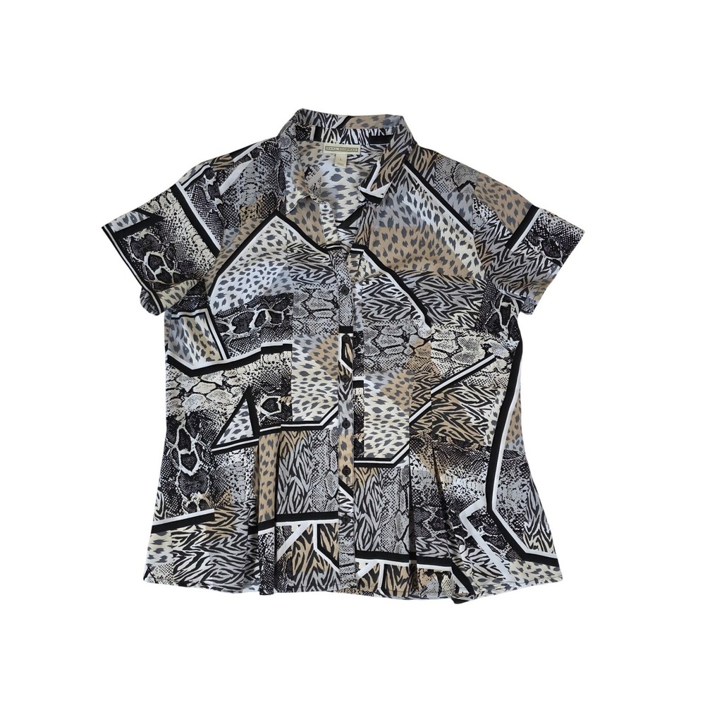Animal‎ Print Patchwork Button Down Blouse Mixed Large Neutral Office Mob Wife
